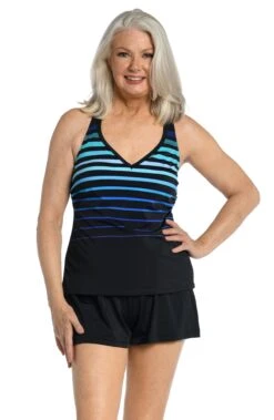 Gradient Stripe V-Neck Racer Back Tankini Top