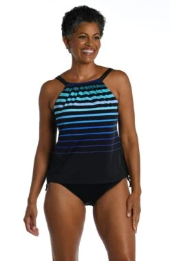 Gradient Stripe High Neck Underwire Tankini Top