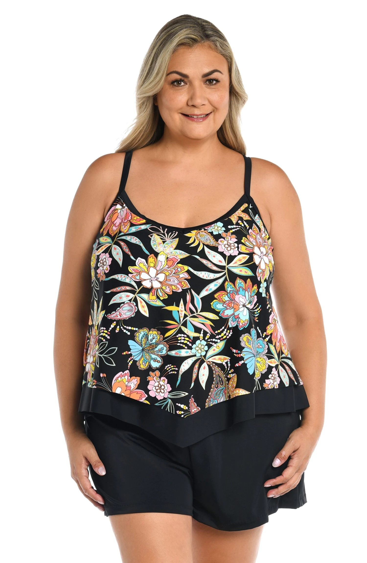 Tulum Tiki Floral Flutter Hem Tankini Top (Plus Size) - FINAL SALE