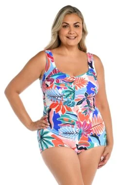 Tropical Abstraction Shirred Front Girl Leg One Piece (Plus Size) - FINAL SALE