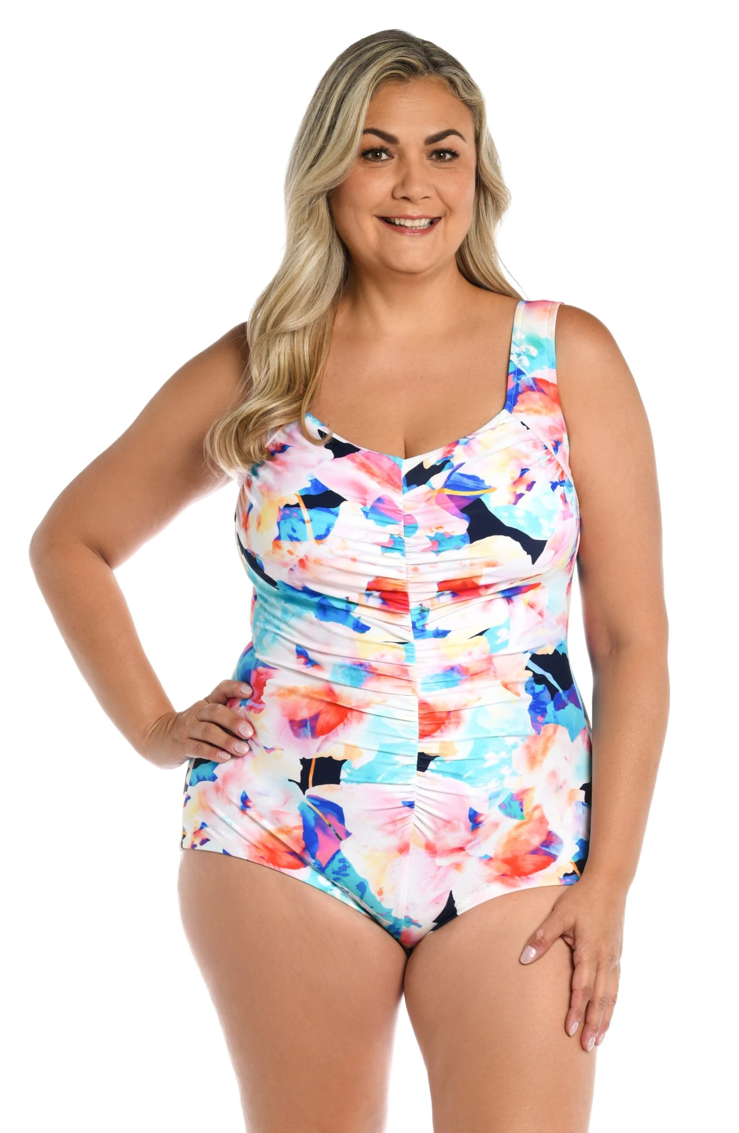 Illusion Blossoms Shirred Front Girl Leg One Piece (Plus Size) - FINAL SALE